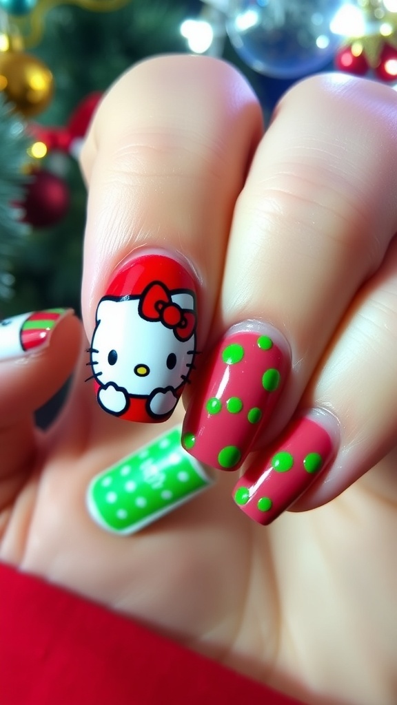 Hello Kitty Christmas nail art design with red and green colors, featuring a Santa hat.